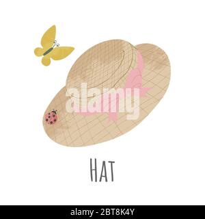 Vector hand drawn icon of straw hat with pink ribbon. Cartoon illustration in flat style. Gardening hat on white background Stock Vector