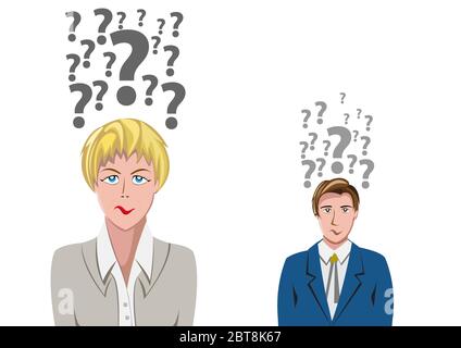 Vector Human Doubt, question mark in the head. Man and woman asking questions. Stock Vector