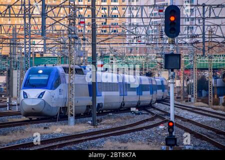 Seoul,South Korea 1/12/2020 High speed bullet trains (KTX) approaching at the Yongsan station in Seoul Stock Photo