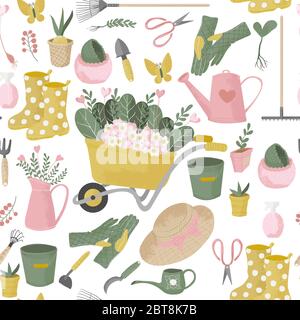 Vector seamless pattern with gardening tools. Hand drawn cute flat icon with texture or garden equipment and flowers on white background. Repeated bac Stock Vector