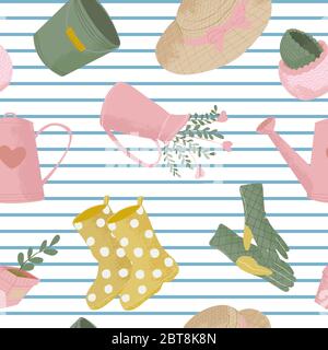 Vector seamless pattern with gardening tools. Hand drawn cute flat icon with texture or garden equipment and flowers. Repeated background for wrapping Stock Vector