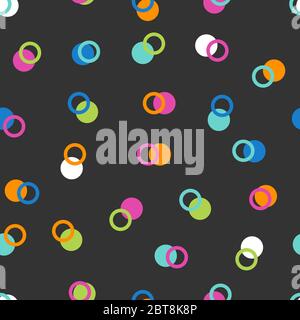 Seamless pattern with double polka dots, colored circles. Black background for invitation cards for birthday, anniversary, wedding. Template for print, textile, or fabric Stock Vector