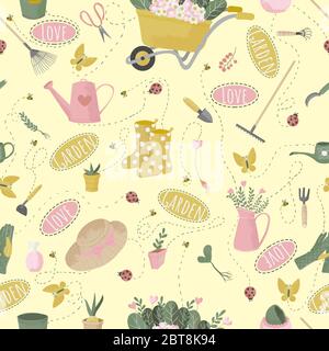 Vector seamless pattern with gardening tools. Hand drawn cute flat icon with texture or garden equipment and flowers. Repeated background for wrapping Stock Vector