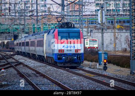 Seoul,South Korea 1/12/2020 Korail trains approaching at the Yongsan station in South Korea. Stock Photo