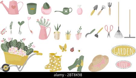 Gardening icon set, flat  cartoons style with texture. Vector hand drawn illustrations of gardening. Cute garden work hand drawn elements. Garden tool Stock Vector