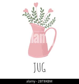Vector hand drawn icon of a pink gardening jug with flower and branches in flat cartoons style.  Garden decoration and tools. Isolated on a white back Stock Vector