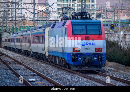 Seoul,South Korea 1/12/2020 Korail trains approaching at the Yongsan station in South Korea. Stock Photo