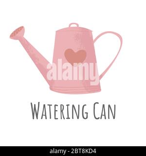 Hand drawn Watering can vector icon in flat cartoons style. Isolated on white background. Pink Gardening watering pot with heart stickers. Stock Vector