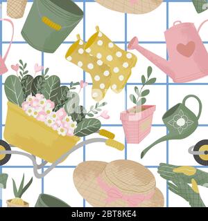 Vector seamless pattern with gardening tools. Hand drawn cute flat icon with texture or garden equipment and flowers. Repeated background for wrapping Stock Vector