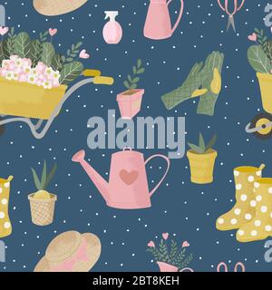 Vector seamless pattern with gardening tools. Hand drawn cute flat icon with texture or garden equipment and flowers on blue background. Stock Vector