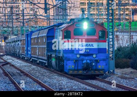 Seoul,South Korea 1/12/2020 Korail trains approaching at the Yongsan station in South Korea. Stock Photo