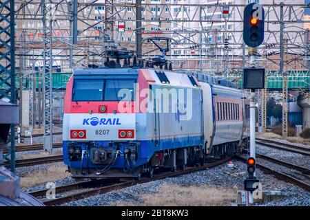 Seoul,South Korea 1/12/2020 Korail trains approaching at the Yongsan station in South Korea. Stock Photo