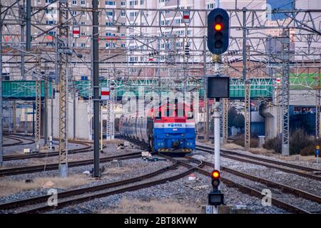 Seoul,South Korea 1/12/2020 Korail trains approaching at the Yongsan station in South Korea. Stock Photo