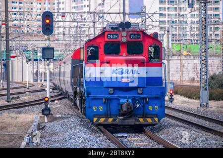 Seoul,South Korea 1/12/2020 Korail trains approaching at the Yongsan station in South Korea. Stock Photo