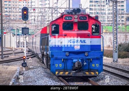 Seoul,South Korea 1/12/2020 Korail trains approaching at the Yongsan station in South Korea. Stock Photo