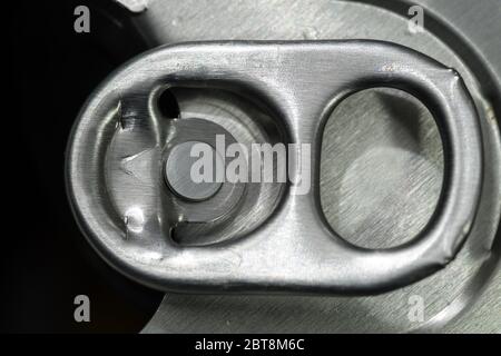 Beer Can Ring Pull, close up - open beer cans with locking ring Stock Photo