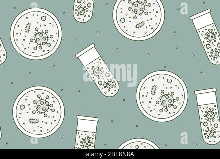 Seamless pattern with virus units in Petri dish and test tube. Vector illustration in cartoon style Stock Vector