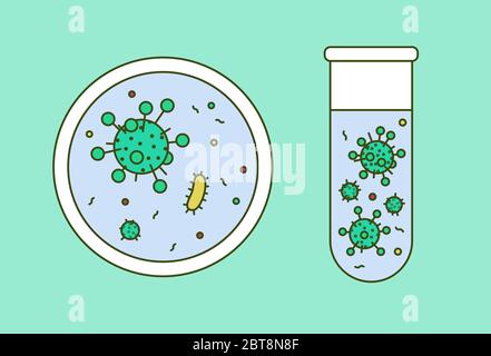 Virus units in Petri dish and test tube. Vector illustration in cartoon style Stock Vector
