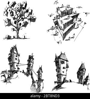 four hand drawn architectectural sketches of abstract architecture with flying people around and old historical spooky houses and fantastic treehouse Stock Vector