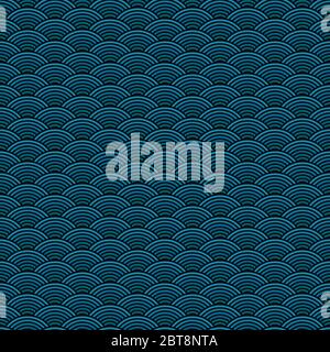 Wave blue pattern. Seamless sea pattern, abstract asian background. Fish print with circle Stock Vector