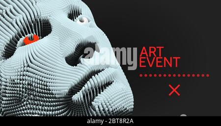 Art event invitation template. Abstract digital human head. Futuristic background. Vector Illustration for advertising, marketing or presentation. Stock Vector