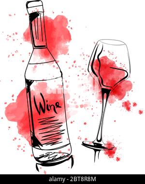 A set of vector and watercolor drawings of glass of rose, red, and white wine with splashes of paint, on white background Stock Vector