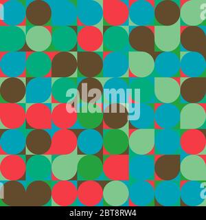 Seamless pattern - circles in squares. Smooth figures. Green, red, blue colors. Background, texture for paper, textiles, websites, applications, etc. Stock Vector