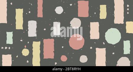 Irregular geometric shapes - background. Circles, rectangles and points with curved edges. Red, yellow, pink, blue color. Horizontal wallpaper. Stock Vector