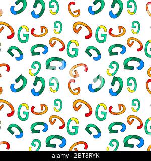 Letters G - seamless pattern. Randomly G letters of green, blue, yellow, red, orange shades. G is the seventh letter of the basic Latin alphabet. Stock Vector