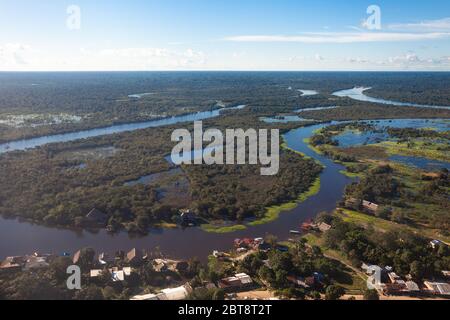 The view from the plane to the Amazonas River, near the Iquitos city, Peru. Stock Photo