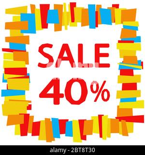 Sale 40%. Abstract square frame with copy space. Quadrangles of irregular shape. It looks like tiles or bricks. Bright colors - blue, red, yellow. Stock Vector