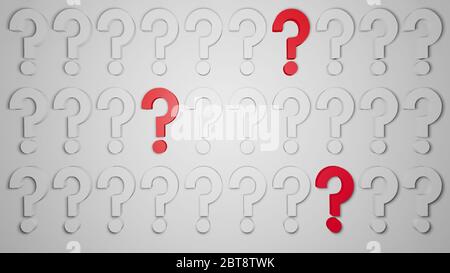 Red and white question marks in line and order aligned on white background, 3d rendering, rendered illustration, digital conceptual backdrop, 4K Stock Photo