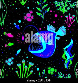 Angler Fish and small fishs. Lophius piscatorius. Underwater world. Seamless pattern. Bioluminescence. Stock Vector