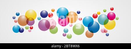Flowing multicolored spheres. Vector illustration. Abstract background with 3d geometric shapes. Modern cover design. Ads banner or brochure template. Stock Vector
