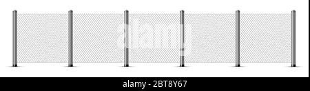 Chain link fence. Metal wire. Wire grid with metal poles Stock Vector