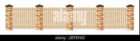 Wooden fence with brick pillars isolated on white Stock Vector
