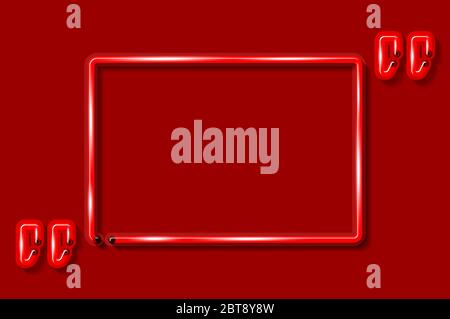 Square quotation frame with marks glowing neon sign or LED strip light on red background. Vector art Stock Vector