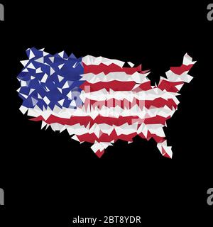 Triangulated polygonal USA flag map isolated on black background Stock Vector