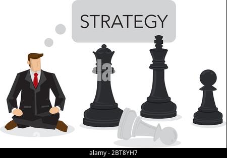Businessman siting on a chess board thinking of strategy. Concept of strategy management, leadership and business strategy. Isolated vector illustrati Stock Vector