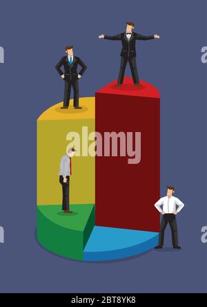 Cartoon businessman stand on different levels of pie chart. Creative vector business illustration on market share in businesses isolated on blue backg Stock Vector