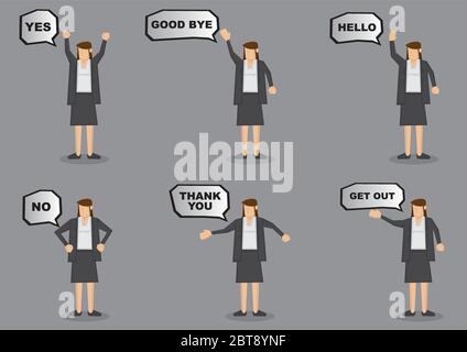 Businesswoman with different messages in speech bubbles. Vector icon set isolated on grey background Stock Vector