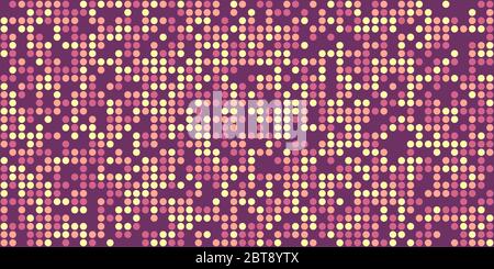 Yellow, purple and pink circles on purple background. Small circles  as particles evenly to each other. Bright colours. Background for posters, banner Stock Vector
