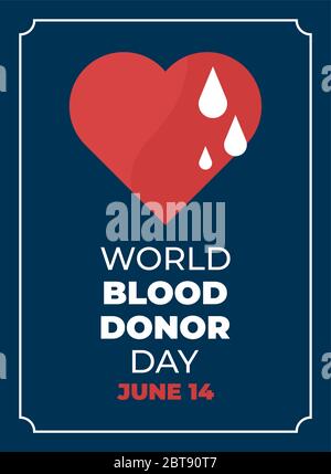 World blood donor day. Emblem with image of red heart on dark background. Medical sign on June 14. Vector illustration. Stock Vector