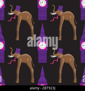 seamless elephant pattern in the hat and tie the building with the clock on a black background. Vector image Stock Vector
