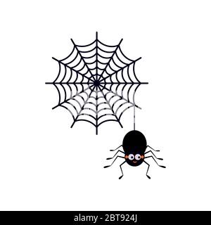 Cute smiling black spider hanging on a string of cobwebs with spederwebs icon isolated on white background. Stock Vector