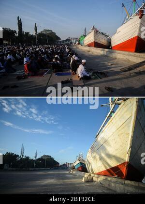 Jakarta. 24th May, 2020. The combo photo shows people attending Eid al-Fitr prayers at Sunda Kelapa Port on June 5, 2019 (top) and the empty view of Sunda Kelapa Port on May 24, 2020 (bottom) during Eid al-Fitr festival in Jakarta, Indonesia. Credit: Agung Kuncahya B./Xinhua/Alamy Live News Stock Photo