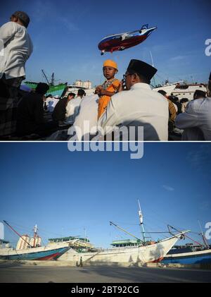 Jakarta. 24th May, 2020. The combo photo shows people attending Eid al-Fitr prayers at Sunda Kelapa Port on June 5, 2019 (top) and the empty view of Sunda Kelapa Port on May 24, 2020 (bottom) during Eid al-Fitr festival in Jakarta, Indonesia. Credit: Agung Kuncahya B./Xinhua/Alamy Live News Stock Photo