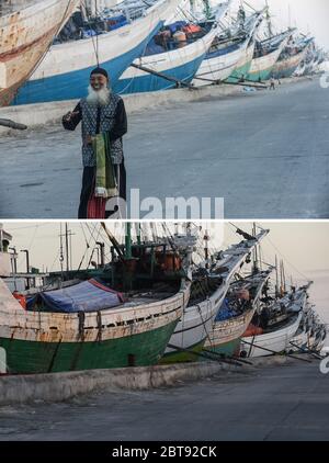 Jakarta. 24th May, 2020. The combo photo shows a man before performing Eid al-Fitr prayers at Sunda Kelapa Port on June 5, 2019 (top) and the empty view of Sunda Kelapa Port on May 24, 2020 (bottom) during Eid al-Fitr festival in Jakarta, Indonesia. Credit: Agung Kuncahya B./Xinhua/Alamy Live News Stock Photo