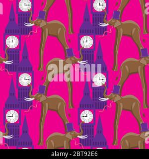 seamless elephant pattern in the hat and tie the building with the clock on a pink background. Vector image Stock Vector