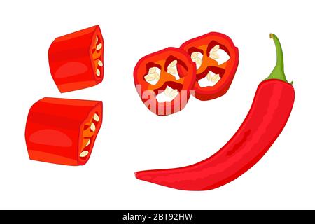 Chilli pepper isolated on white background. Set of red hot chili pod with whole, sliced, piece and seeds pepper. Ingredient of Mexican cuisine. Vector Stock Vector